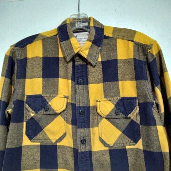 AE Flannel No 77 Men's Yellow & Black  Windowpane Flannel Shirt Sz S/P - Picture 2 of 6
